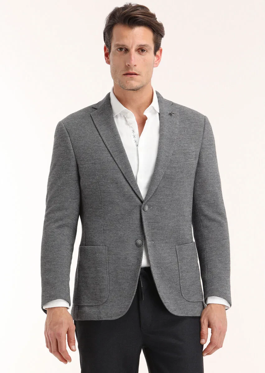 Koyu Gri Desenli Zeroweight Slim Fit Yün Karışımlı Örme Ceket - 2