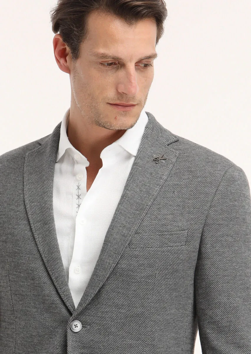 Koyu Gri Desenli Zeroweight Slim Fit Yün Karışımlı Örme Ceket - 3