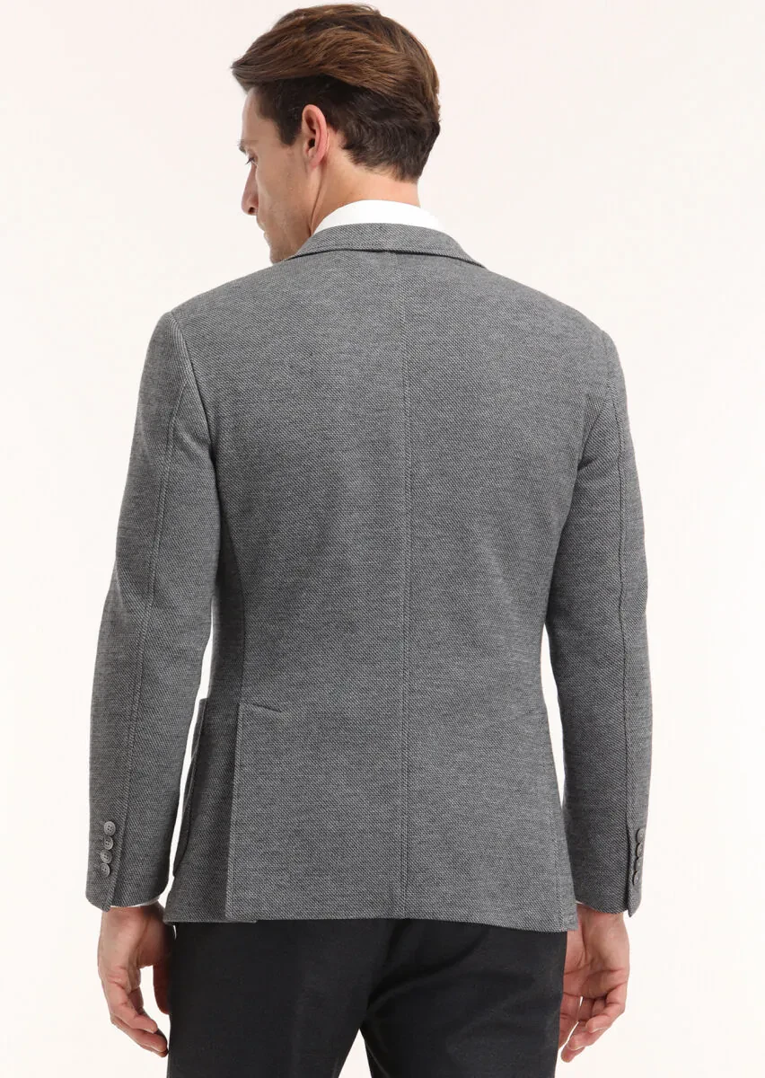 Koyu Gri Desenli Zeroweight Slim Fit Yün Karışımlı Örme Ceket - 4