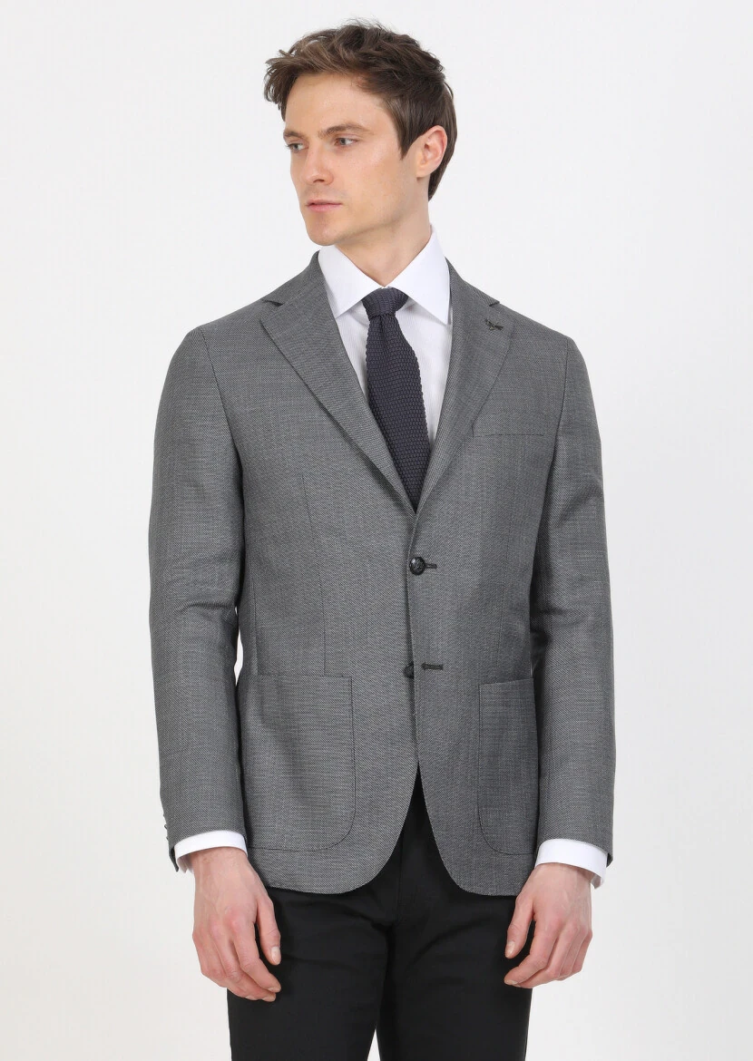 Koyu Gri Düz Comfort Fit İpek Karışımlı Ceket - 1