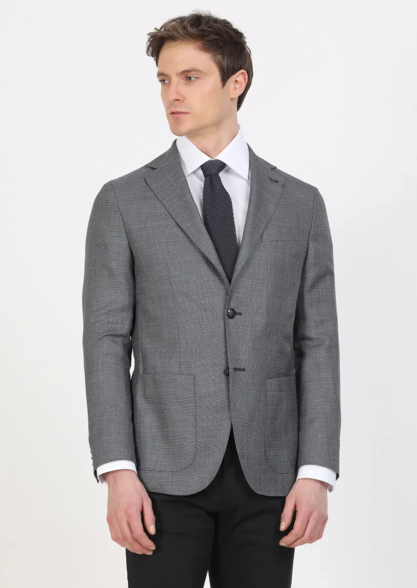 Koyu Gri Düz Comfort Fit İpek Karışımlı Ceket - 1