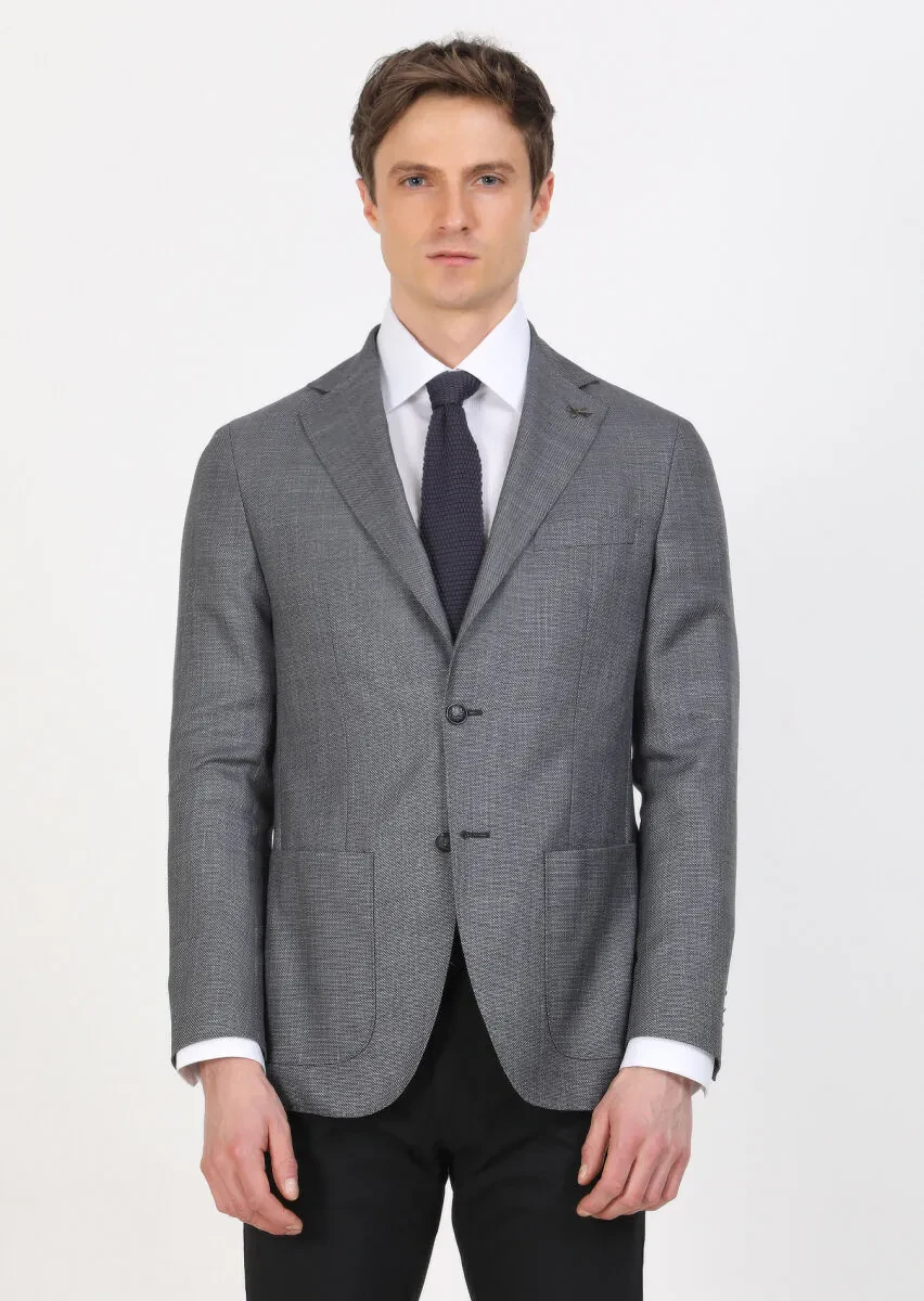 Koyu Gri Düz Comfort Fit İpek Karışımlı Ceket - 3