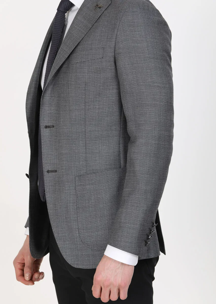 Koyu Gri Düz Comfort Fit İpek Karışımlı Ceket - 4