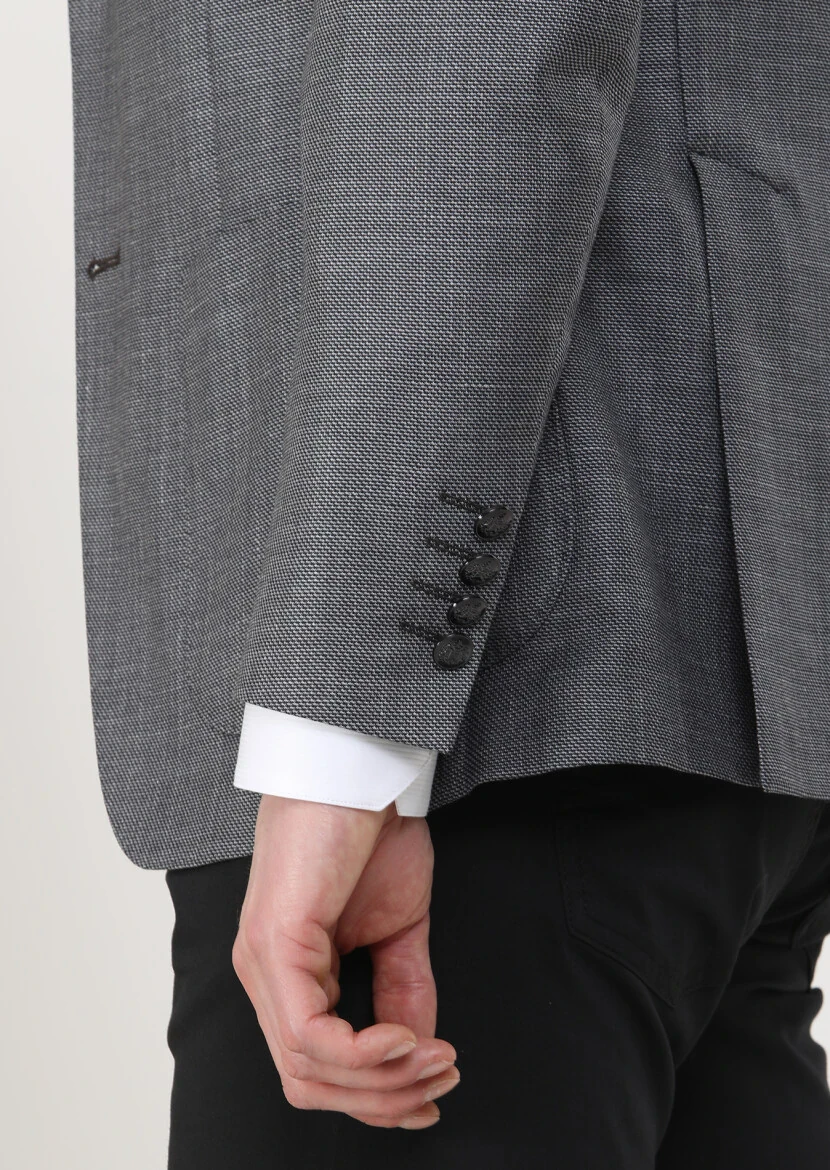 Koyu Gri Düz Comfort Fit İpek Karışımlı Ceket - 5