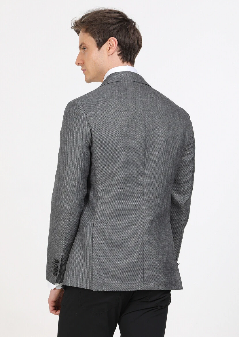 Koyu Gri Düz Comfort Fit İpek Karışımlı Ceket - 6