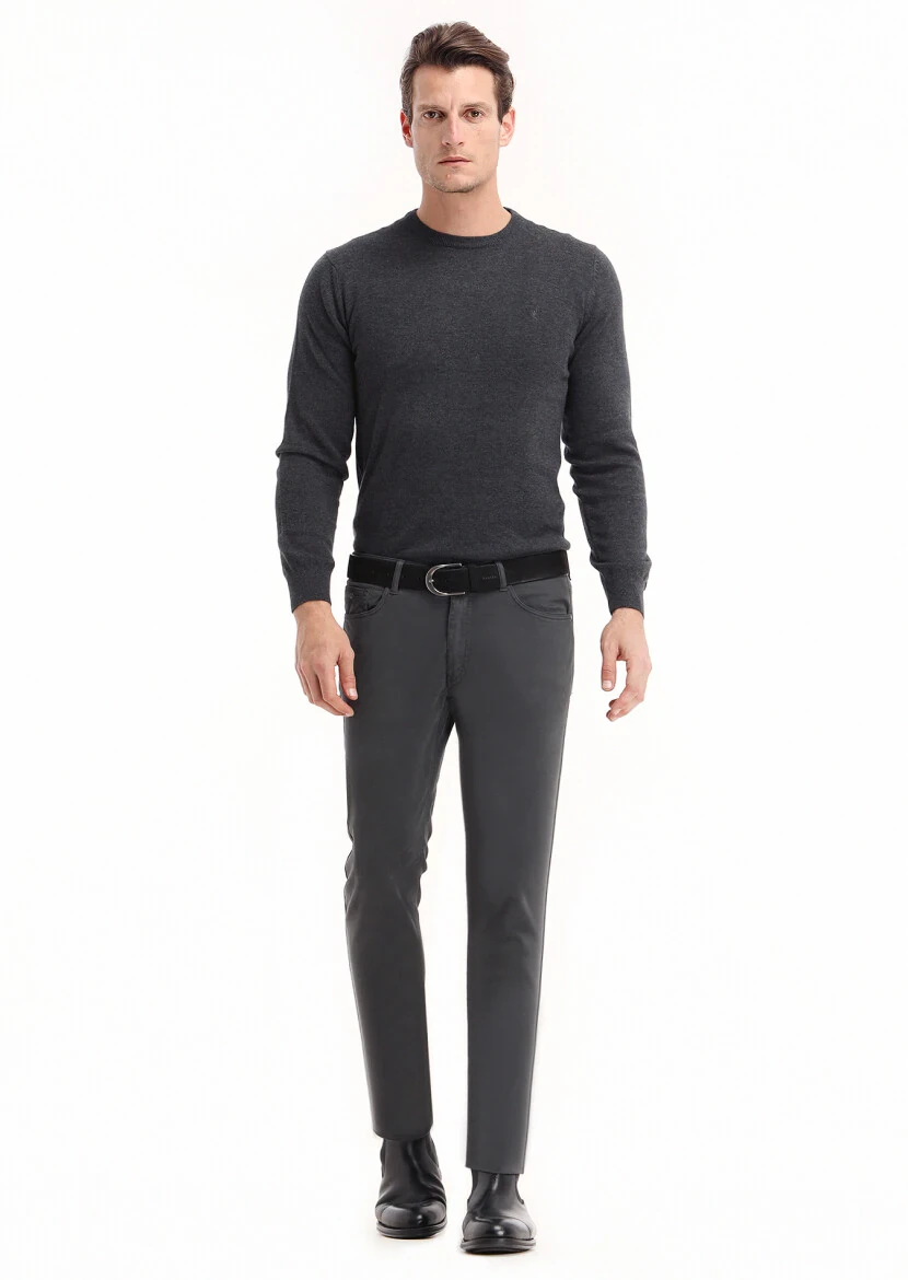 Koyu Gri Düz Dokuma Slim Fit Casual Pamuk Karışımlı Pantolon - 1