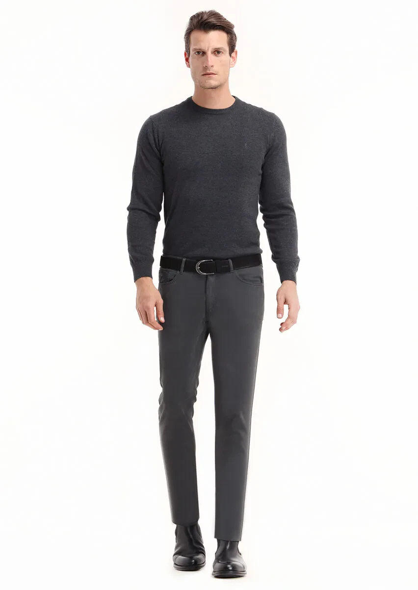 Koyu Gri Düz Dokuma Slim Fit Casual Pamuk Karışımlı Pantolon - 1