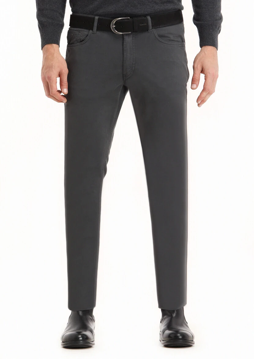 Koyu Gri Düz Dokuma Slim Fit Casual Pamuk Karışımlı Pantolon 