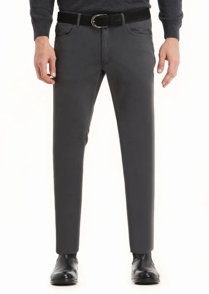 Koyu Gri Düz Dokuma Slim Fit Casual Pamuk Karışımlı Pantolon - 2