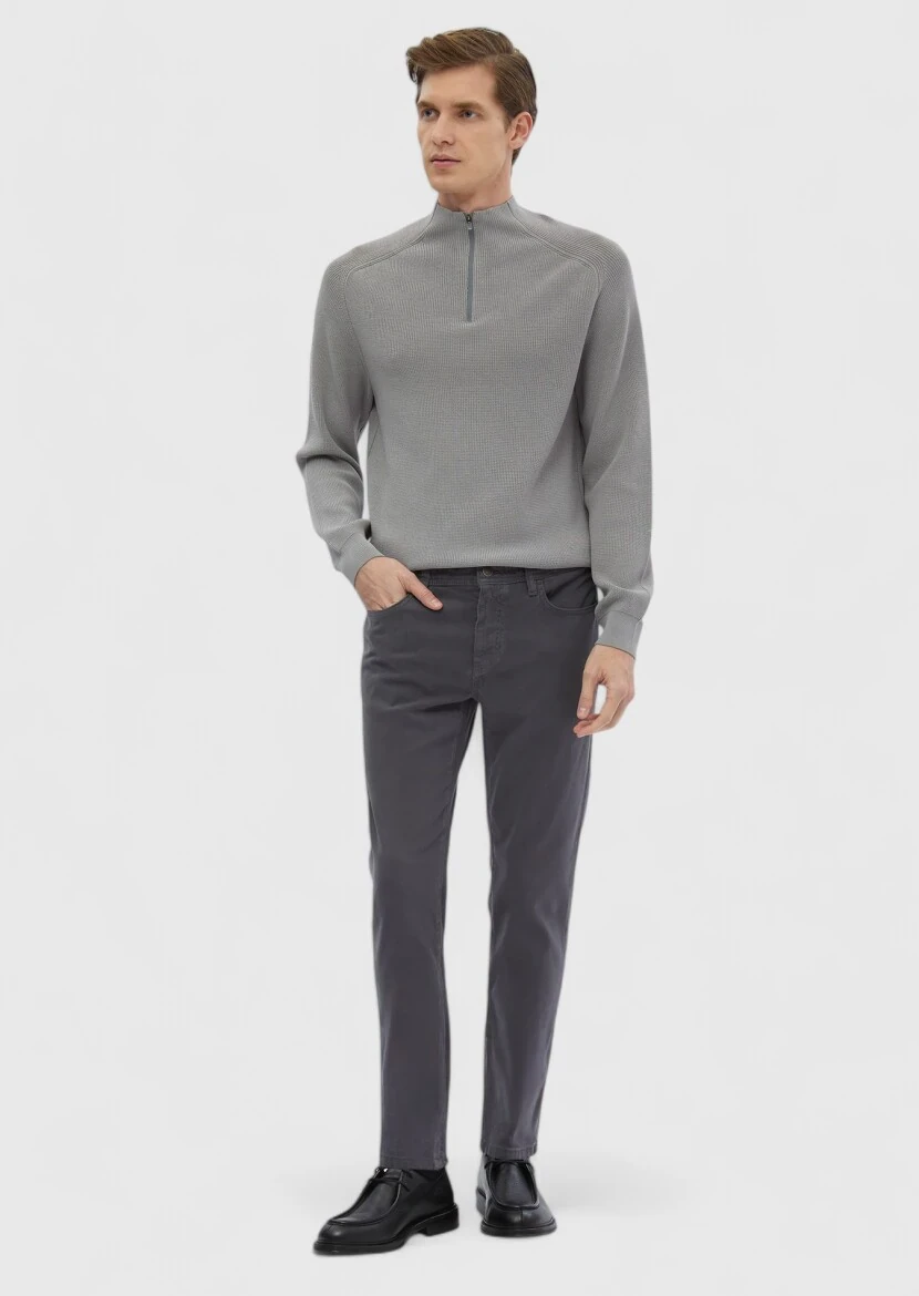 Koyu Gri Düz Dokuma Slim Fit Casual Pamuk Karışımlı Pantolon - 1