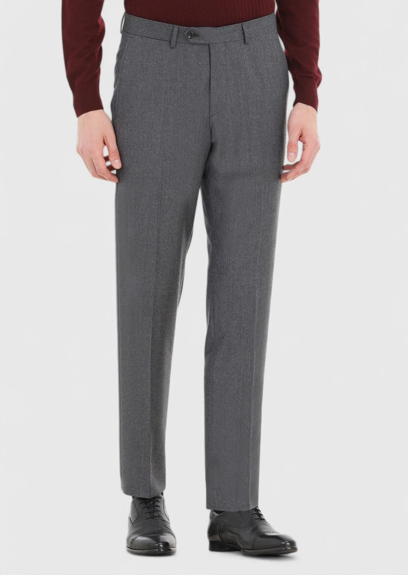 Koyu Gri Düz Kumaş Regular Fit Klasik %100 Yün Pantolon 