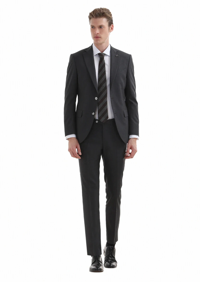 Koyu Gri Düz Modern Fit %100 Yün Takım Elbise - 1