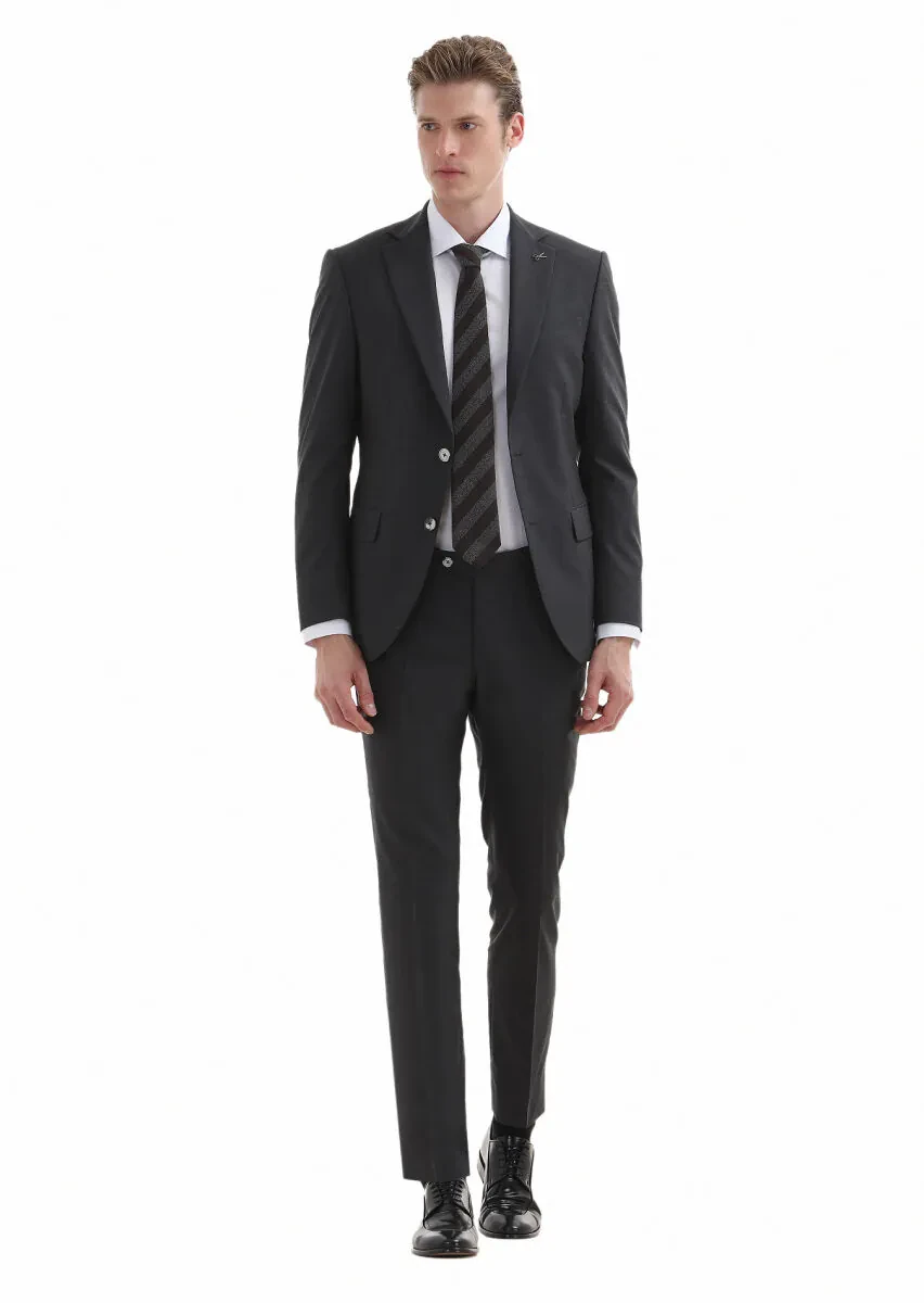 Koyu Gri Düz Modern Fit %100 Yün Takım Elbise - 1