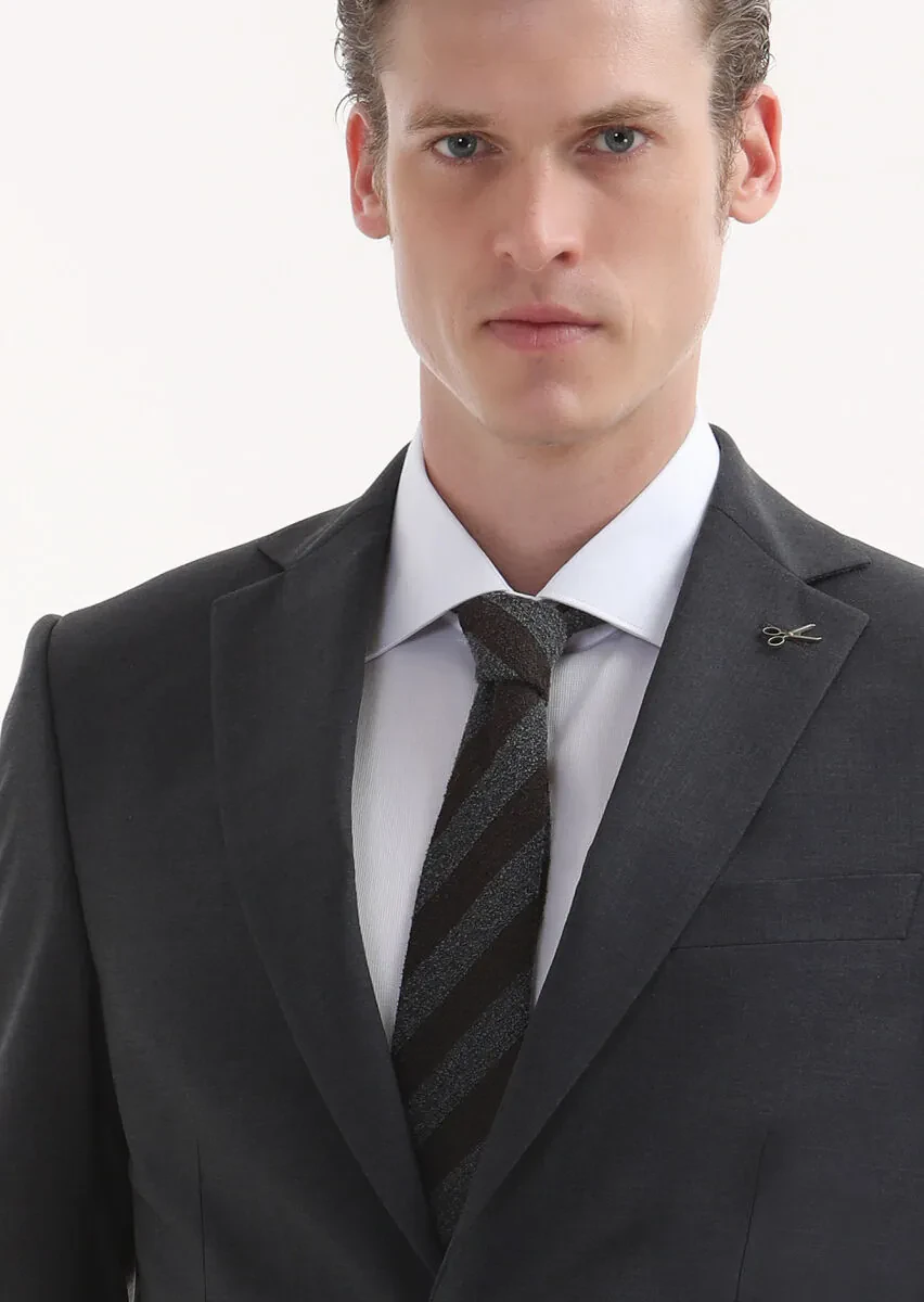Koyu Gri Düz Modern Fit %100 Yün Takım Elbise - 3