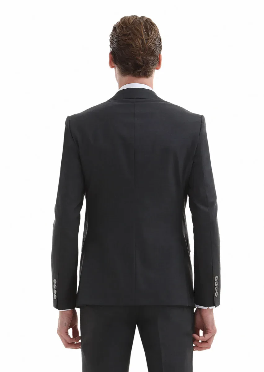 Koyu Gri Düz Modern Fit %100 Yün Takım Elbise - 5