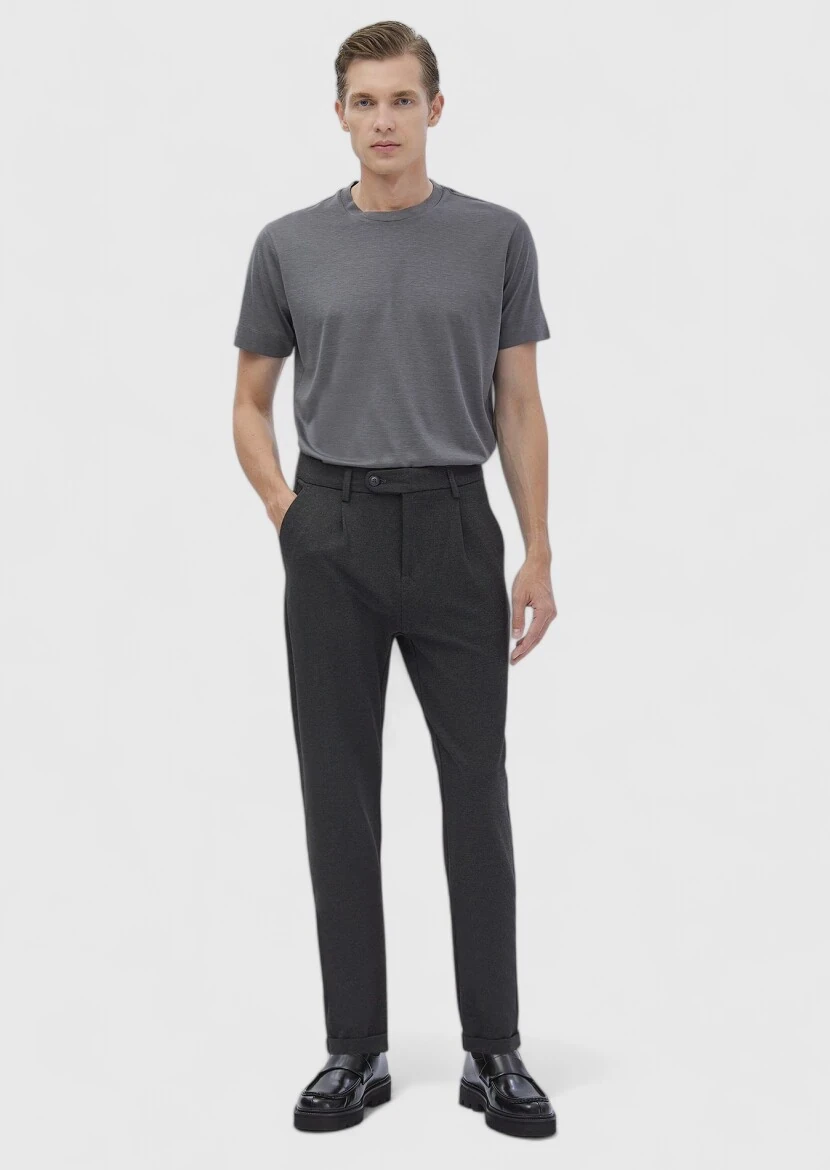 Koyu Gri Düz Örme Regular Fit Casual Pantolon - RAMSEY