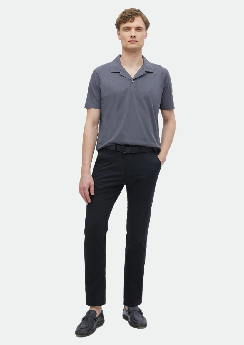 Koyu Gri Düz Polo Yaka %100 Pamuk T-Shirt 