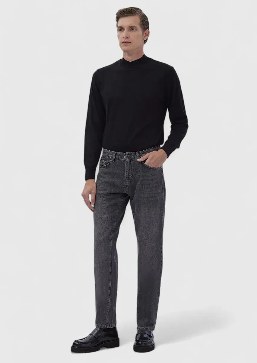 Koyu Gri Düz Regular Fit Denim %100 Pamuk Pantolon - 1