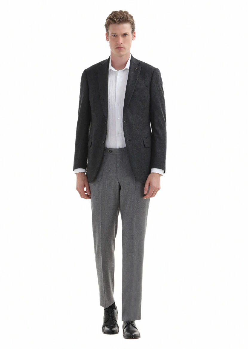 Koyu Gri Düz Regular Fit Yün Karışımlı Ceket - 1