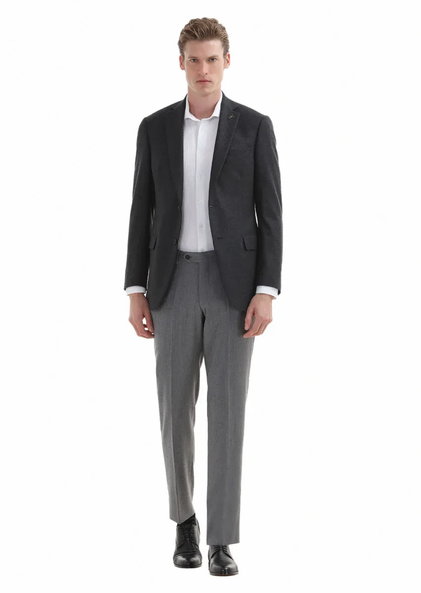 Koyu Gri Düz Regular Fit Yün Karışımlı Ceket - 1