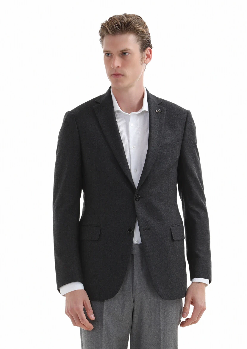 Koyu Gri Düz Regular Fit Yün Karışımlı Ceket - 2
