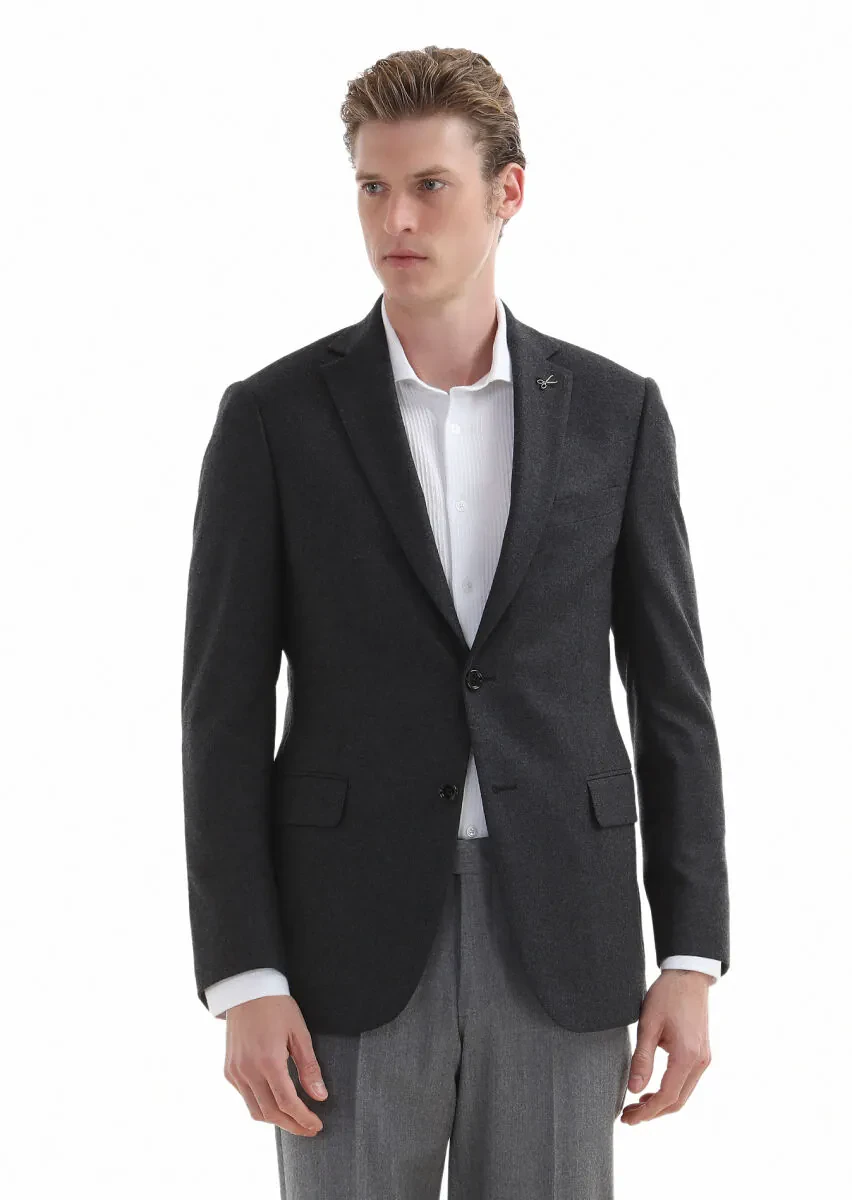 Koyu Gri Düz Regular Fit Yün Karışımlı Ceket - 2
