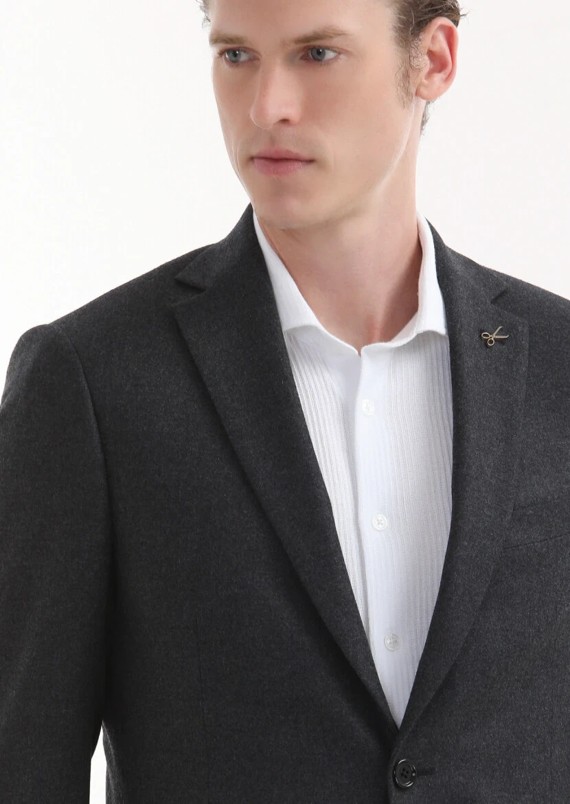 Koyu Gri Düz Regular Fit Yün Karışımlı Ceket - 3
