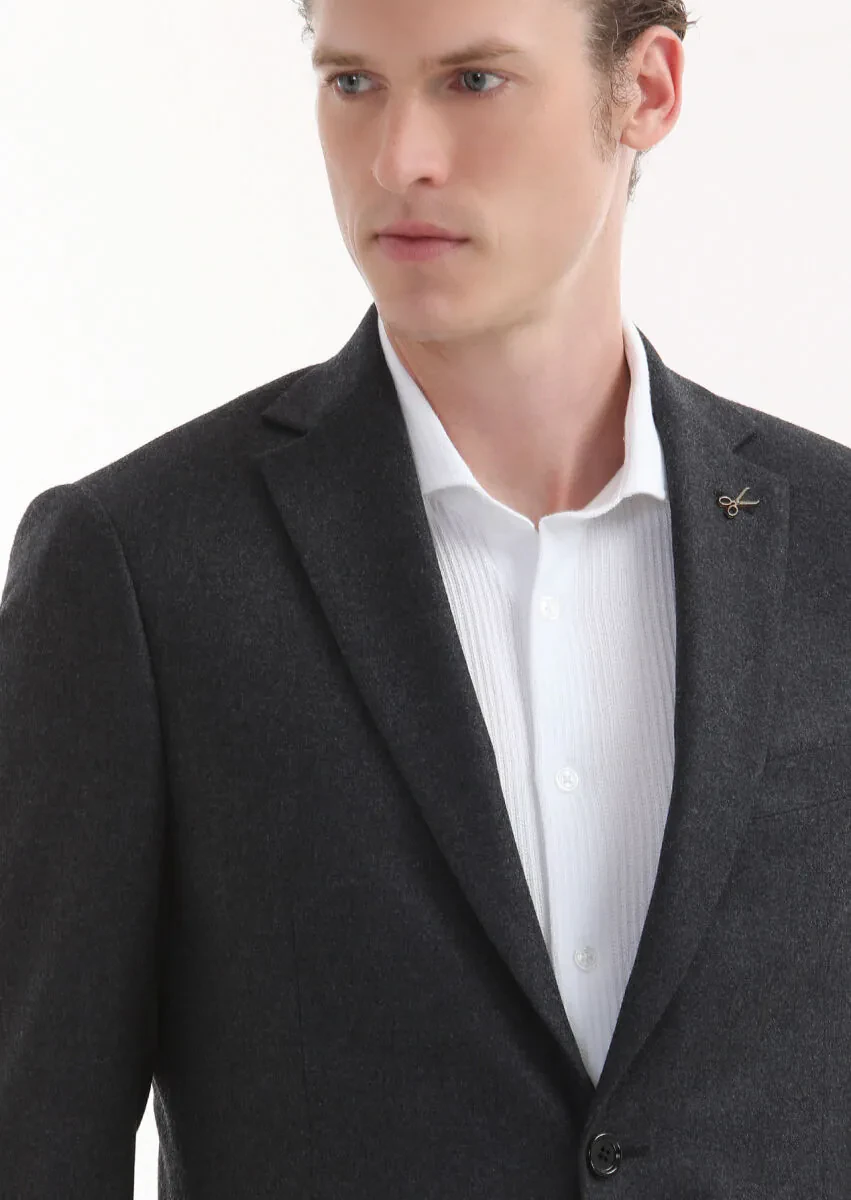 Koyu Gri Düz Regular Fit Yün Karışımlı Ceket - 3