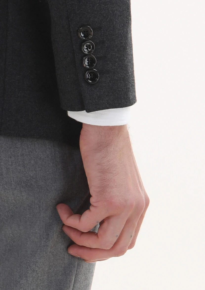 Koyu Gri Düz Regular Fit Yün Karışımlı Ceket - 4