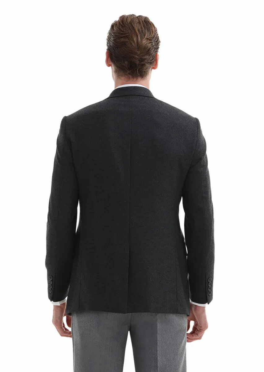 Koyu Gri Düz Regular Fit Yün Karışımlı Ceket - 5