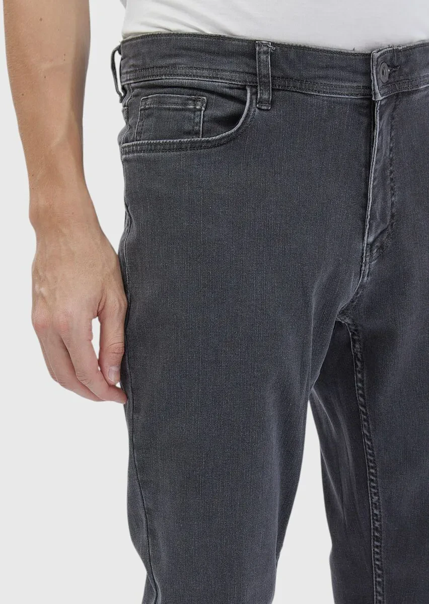 Koyu Gri Düz Slim Fit Denim İpek Karışımlı Pantolon - 4