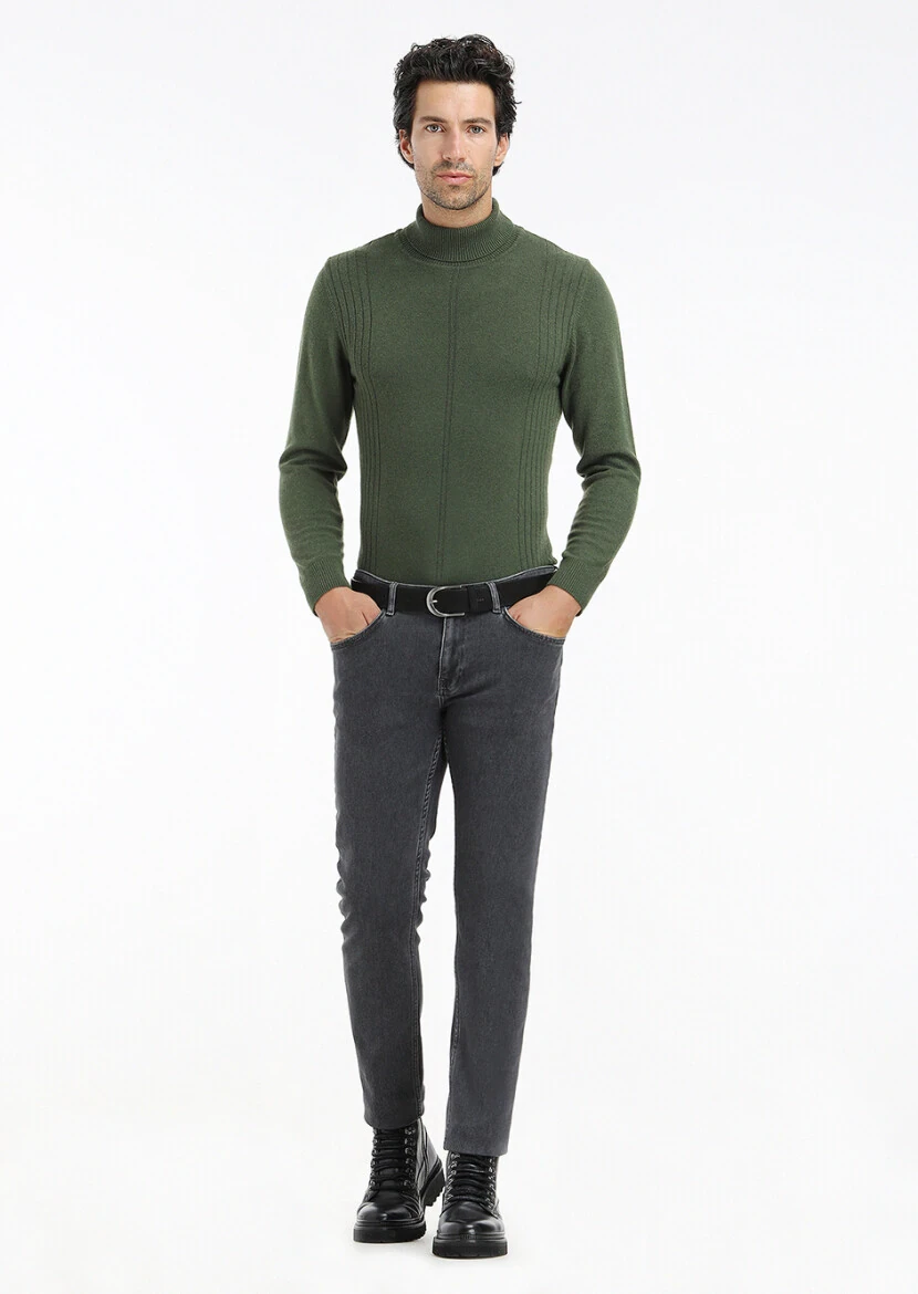 Koyu Gri Düz Slim Fit Denim Pamuk Karışımlı Pantolon 