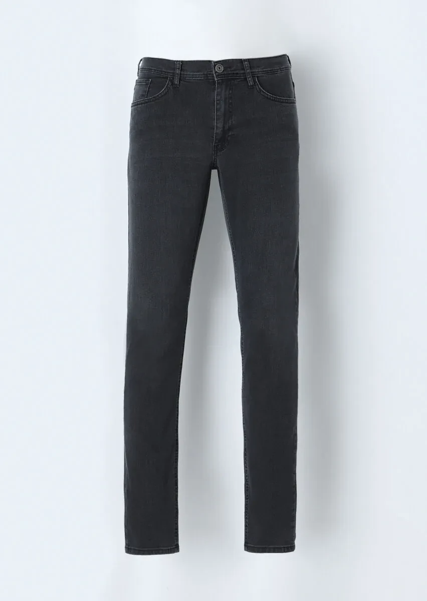 Koyu Gri Düz Slim Fit Denim Pamuk Karışımlı Pantolon - 1