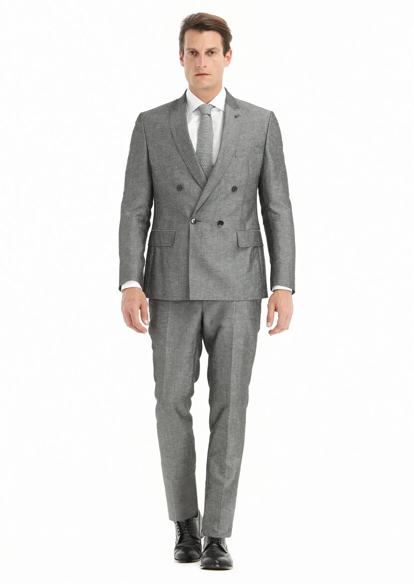 Koyu Gri Düz Zeroweight Slim Fit Keten Karışımlı Takım Elbise - 1