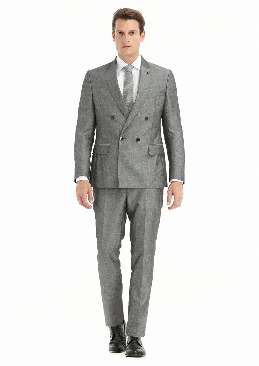 Koyu Gri Düz Zeroweight Slim Fit Keten Karışımlı Takım Elbise - 1