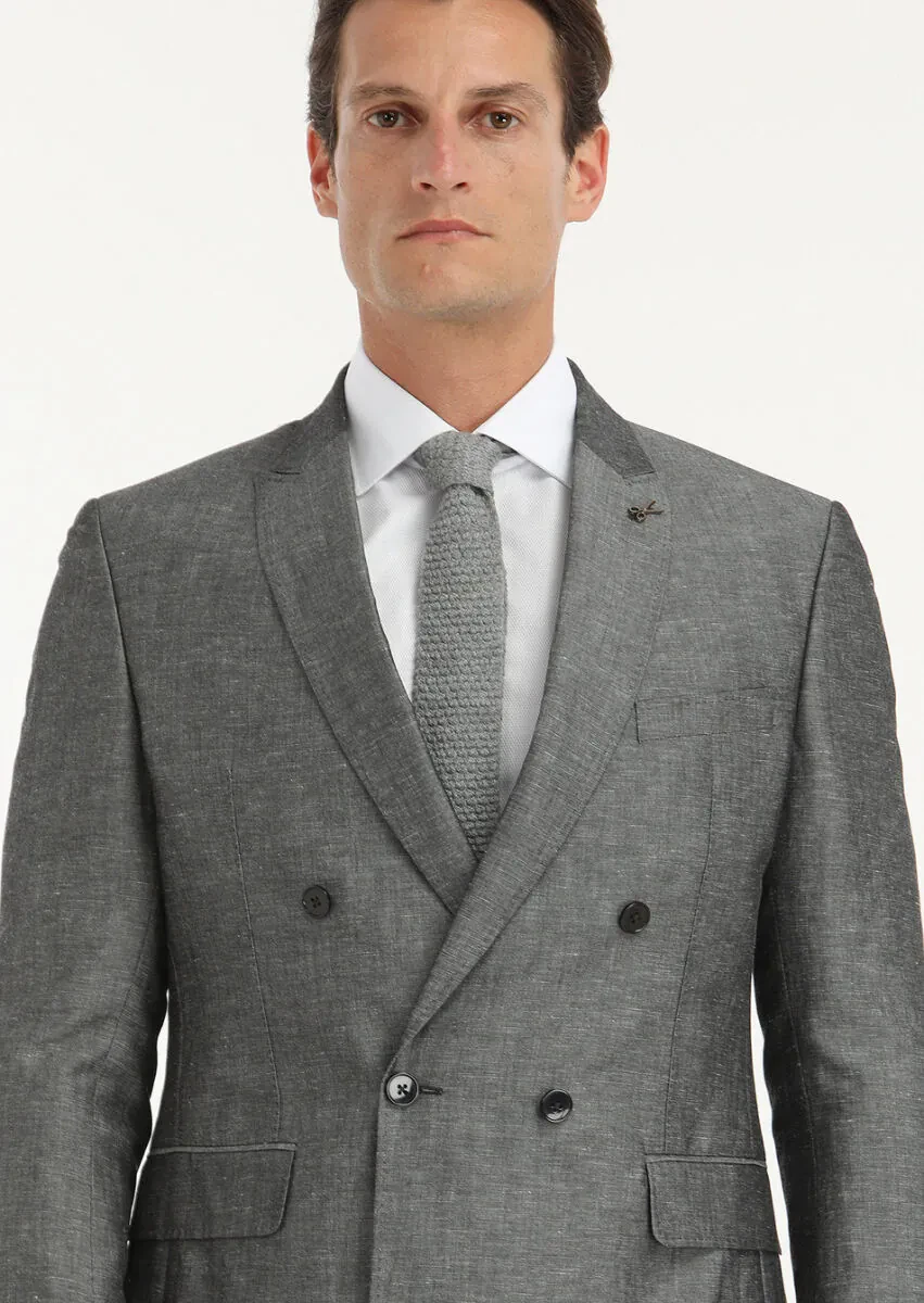Koyu Gri Düz Zeroweight Slim Fit Keten Karışımlı Takım Elbise - 2