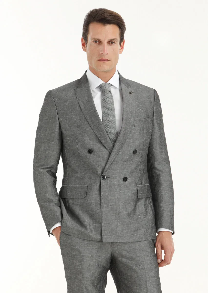 Koyu Gri Düz Zeroweight Slim Fit Keten Karışımlı Takım Elbise - 3