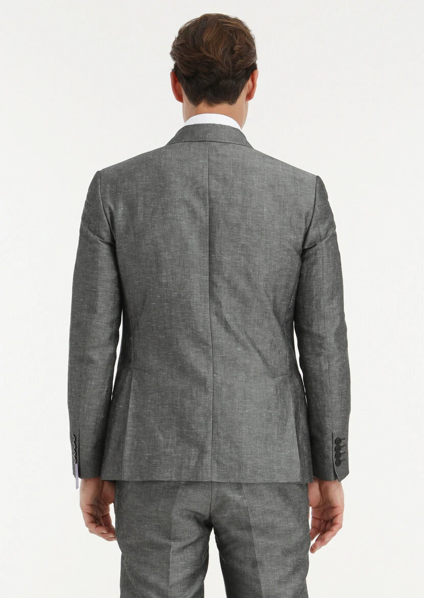 Koyu Gri Düz Zeroweight Slim Fit Keten Karışımlı Takım Elbise - 4