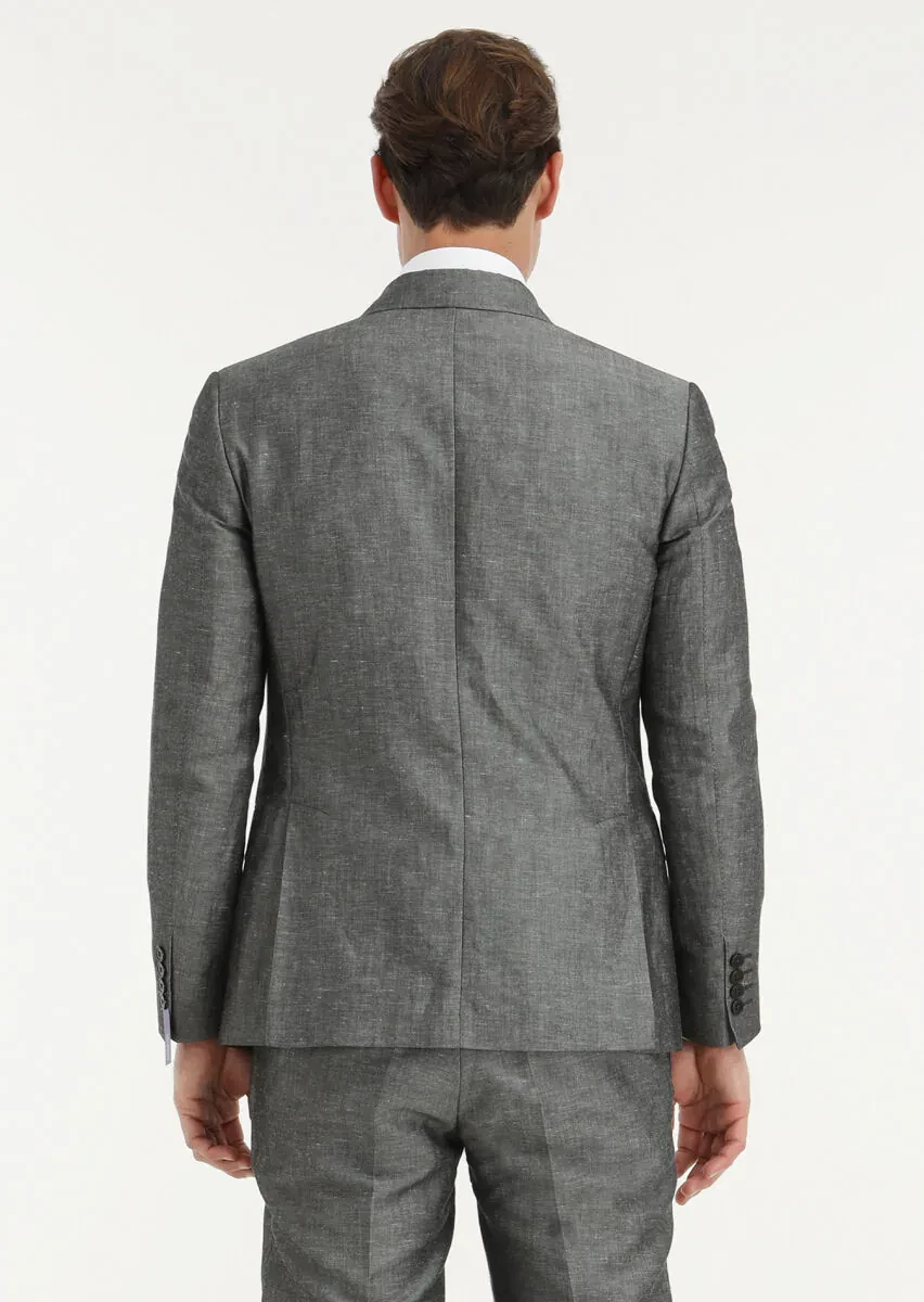 Koyu Gri Düz Zeroweight Slim Fit Keten Karışımlı Takım Elbise - 4
