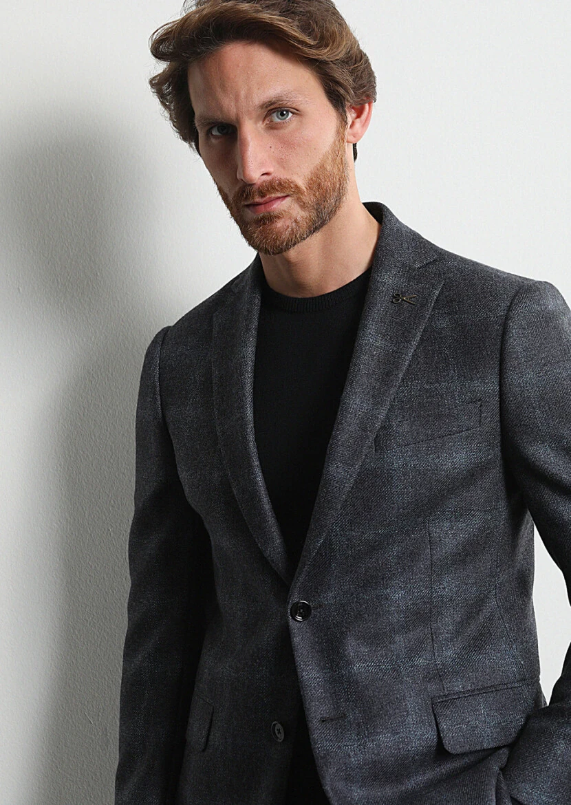 Koyu Gri Kareli Regular Fit %100 Yün Ceket - 1