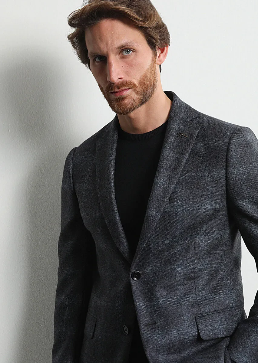 Koyu Gri Kareli Regular Fit %100 Yün Ceket - 1