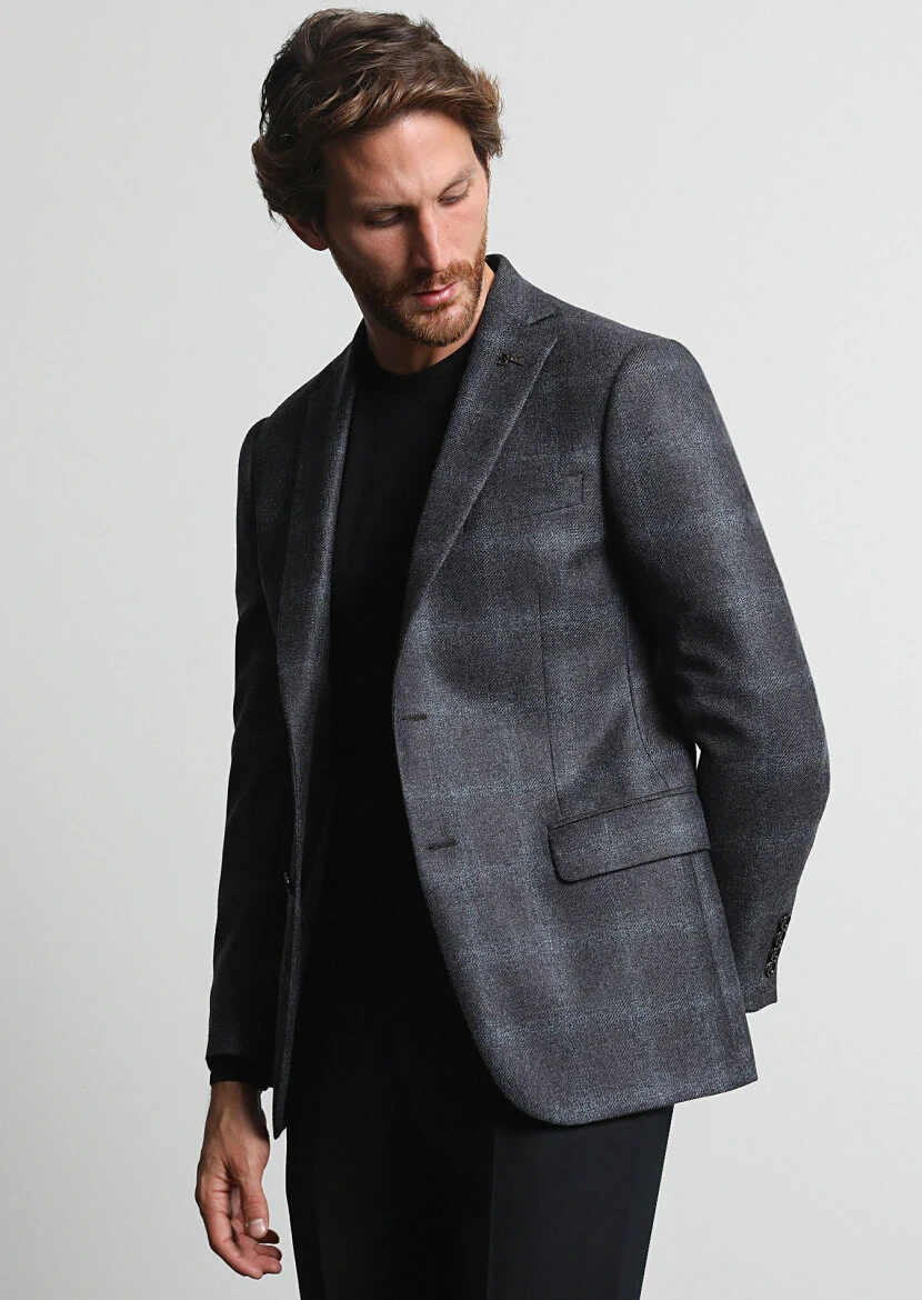 Koyu Gri Kareli Regular Fit %100 Yün Ceket - 2