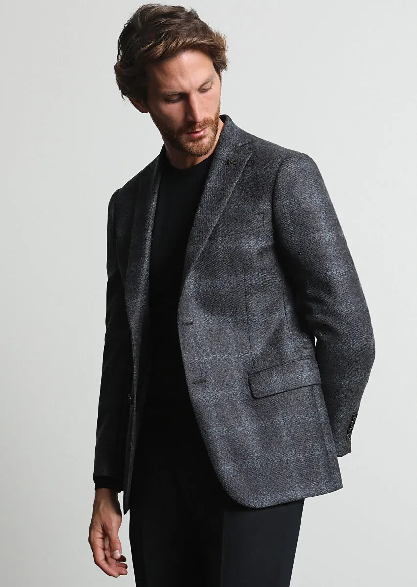 Koyu Gri Kareli Regular Fit %100 Yün Ceket - 2