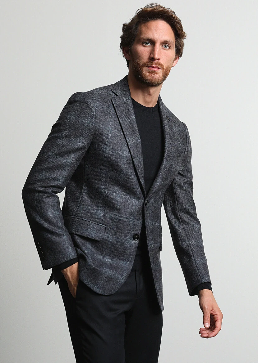 Koyu Gri Kareli Regular Fit %100 Yün Ceket - 3