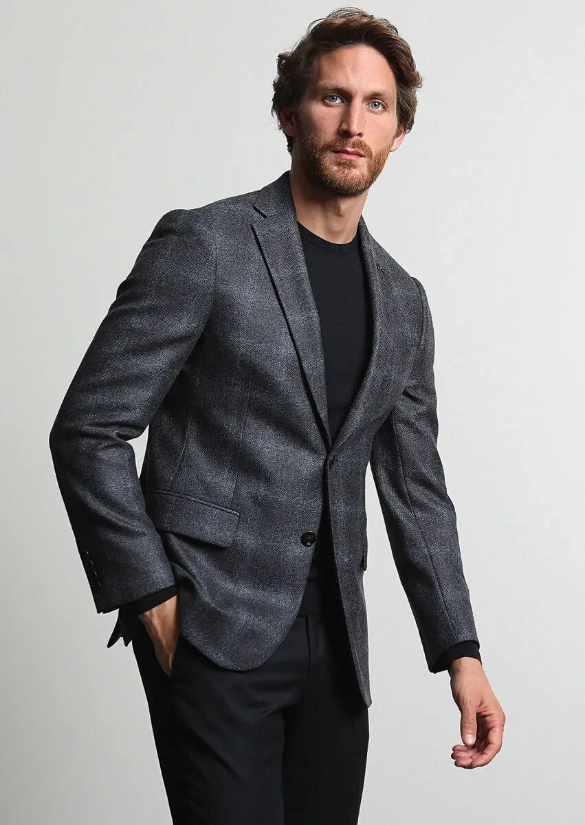 Koyu Gri Kareli Regular Fit %100 Yün Ceket - 3