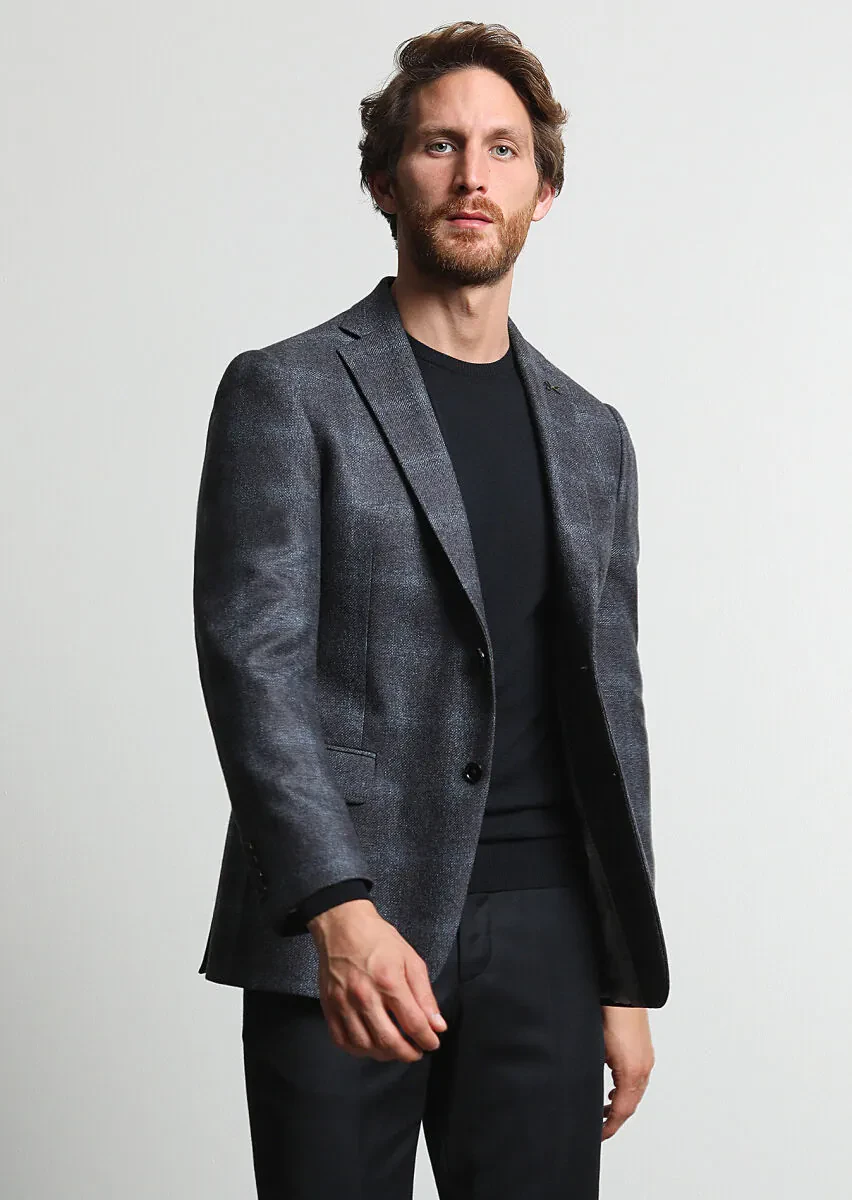 Koyu Gri Kareli Regular Fit %100 Yün Ceket - 4