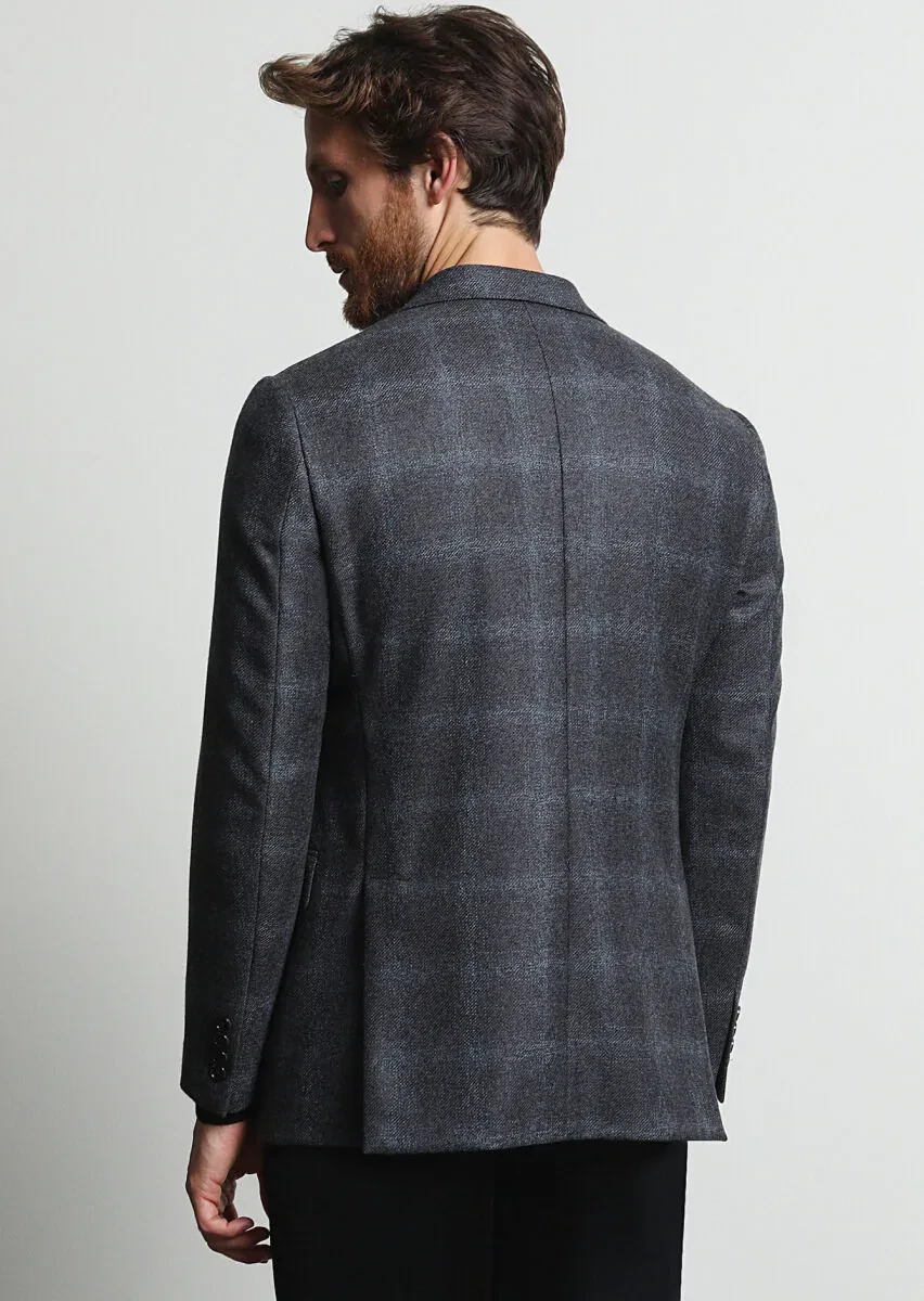 Koyu Gri Kareli Regular Fit %100 Yün Ceket - 5