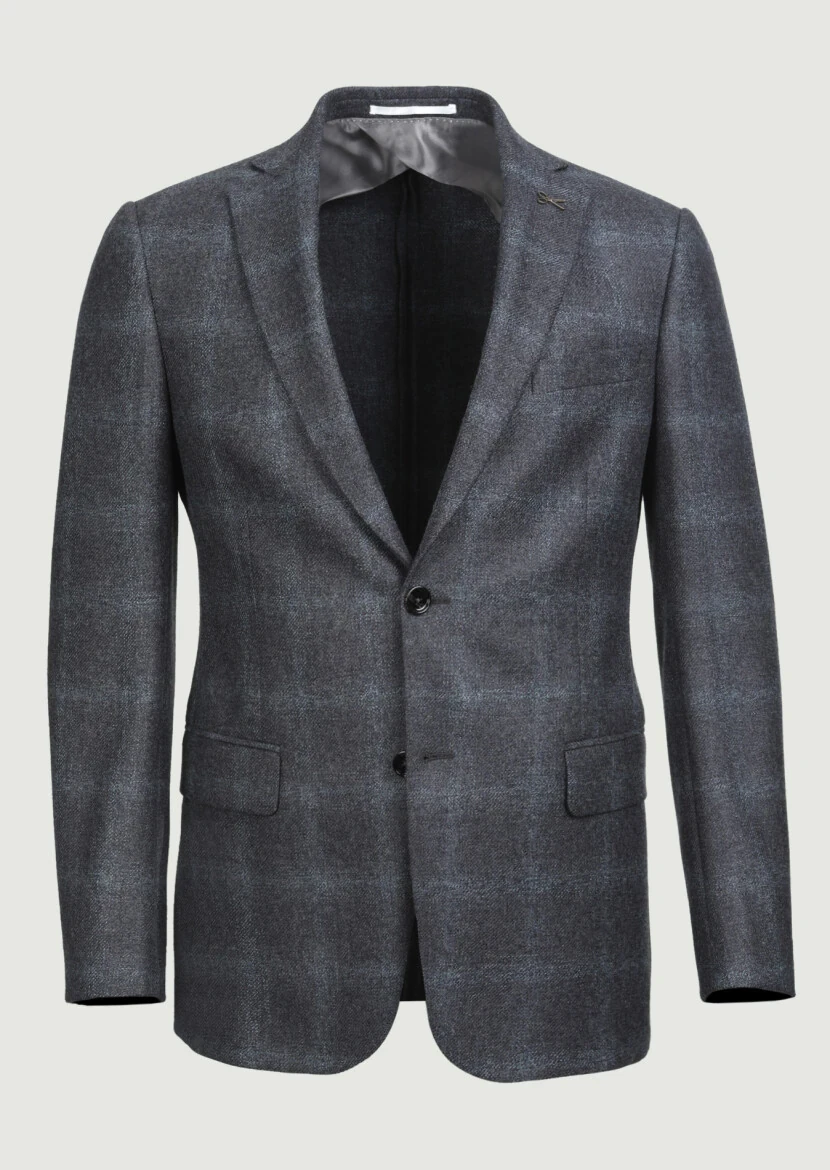 Koyu Gri Kareli Regular Fit %100 Yün Ceket - 6