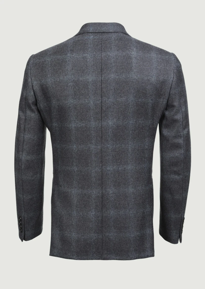 Koyu Gri Kareli Regular Fit %100 Yün Ceket - 7