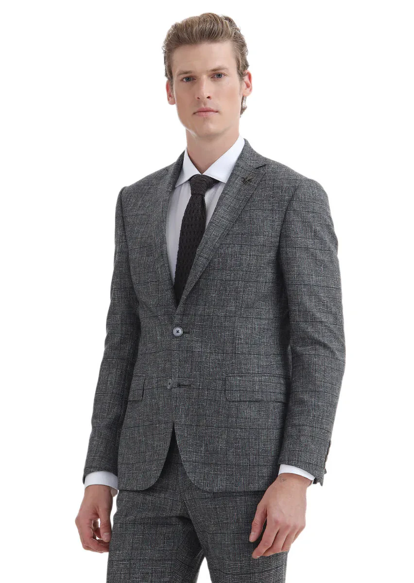 Koyu Gri Kareli Zeroweight Slim Fit %100 Yün Takım Elbise - 2